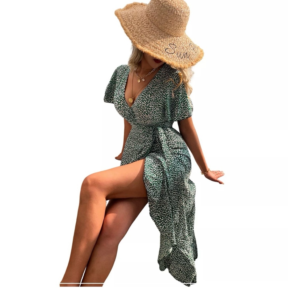 Green Floral Wrap Swim Cover-Up